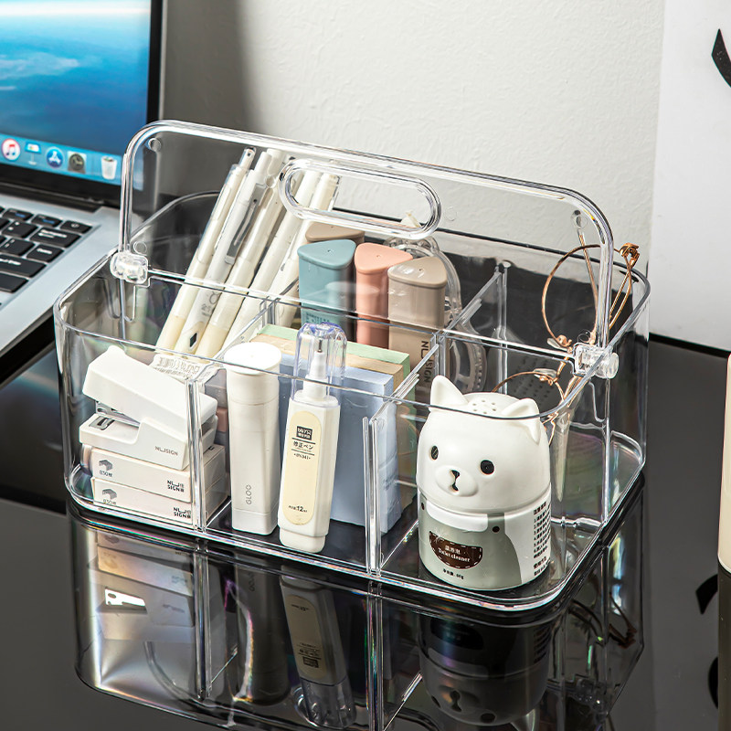透明塑料翻盖桌面办公大容量分格整理盒防尘眼镜化妆品水笔收纳盒