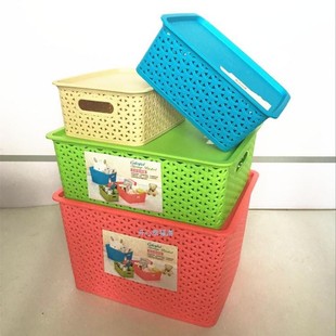 塑料收纳筐桌面收纳盒玩具书本储物整理筐带盖收纳筐塑料仿藤编