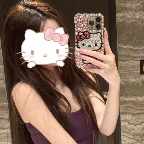 懒懒同款手机壳kt满钻Hello Kitty纯手工diy贴钻手机壳适用苹果15