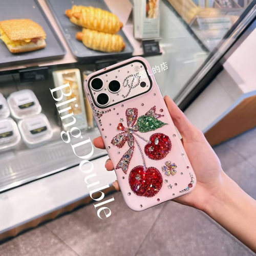 二合一粉色樱桃水钻手机壳适用苹果17promax/16pro/14/17pro华为