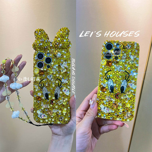 招财黄可爱翠迪满钻发财黄水钻手机壳14适用16promax蝴蝶结15pro