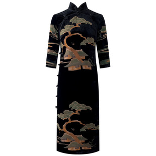 端庄典雅立领妈妈中国旗袍直筒收腰五分袖 开叉丝绒烧花古典连衣裙