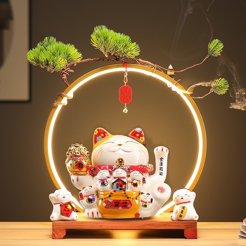 摇手招财猫灯圈摆件陶瓷大号自动招手家居店铺开业收银台创意礼品