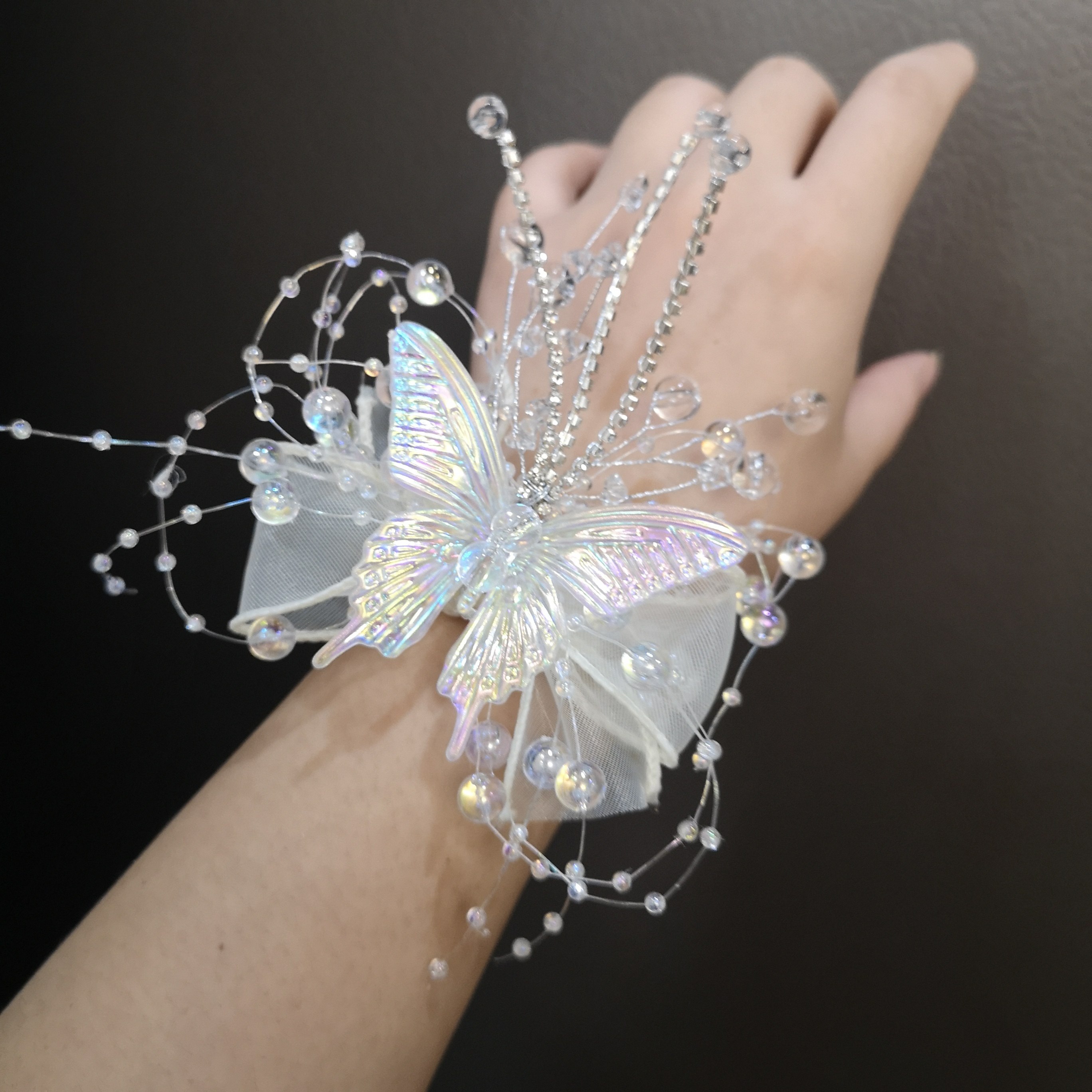 高级闪亮超仙水晶串珠蝴蝶新娘婚礼手腕花姐妹团闺蜜伴娘珍珠腕饰