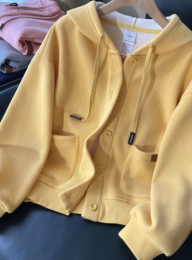 黄色连帽开衫外套女冬季加绒加厚卫衣摇粒绒春秋款女装运动开衫