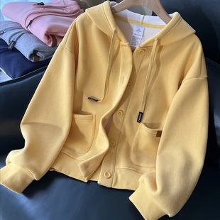 运动开衫 黄色连帽开衫 女装 加绒加厚卫衣摇粒绒春秋款 外套女冬季
