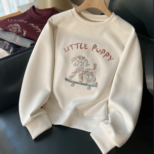 套头上衣重工刺绣宽松秋装 小个子长袖 新款 白色圆领卫衣女春秋薄款