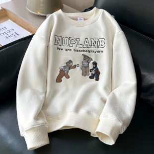 亏本清仓卡通风圆领卫衣女加绒加厚宽松仿羊羔绒套头上衣冬季 保暖