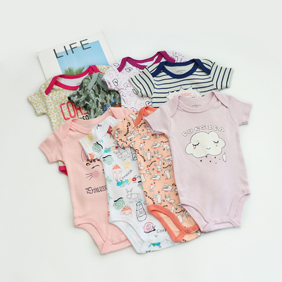 童装夏装短袖纯棉三角哈衣小星星护肚衣透气粉爬服包屁衣爬衣