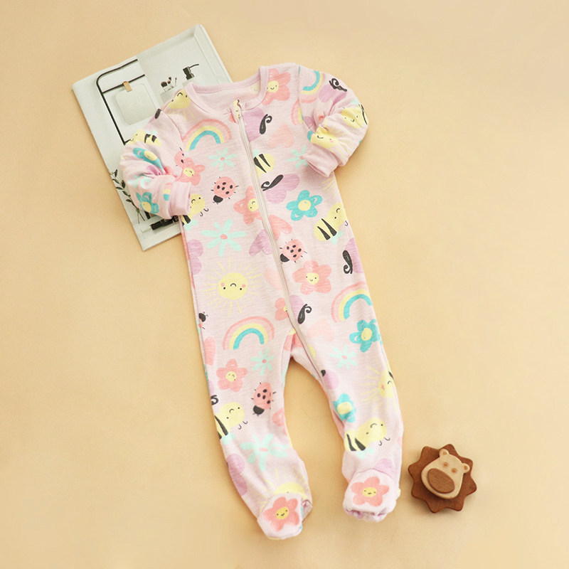 女童长袖包脚春秋婴儿长袖连体衣弹力睡衣冬季宝宝哈衣爬服保暖