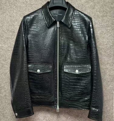 新款真皮皮衣男士皮夹克鳄鱼纹绵羊皮翻领机车时尚经典白搭外套