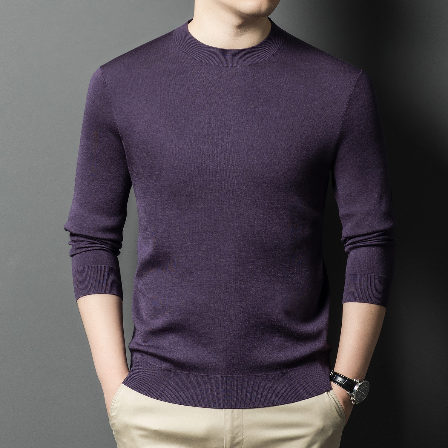 80支四平精纺羊绒+桑蚕丝半高圆领秋冬男士修身打底衫针织羊毛衣