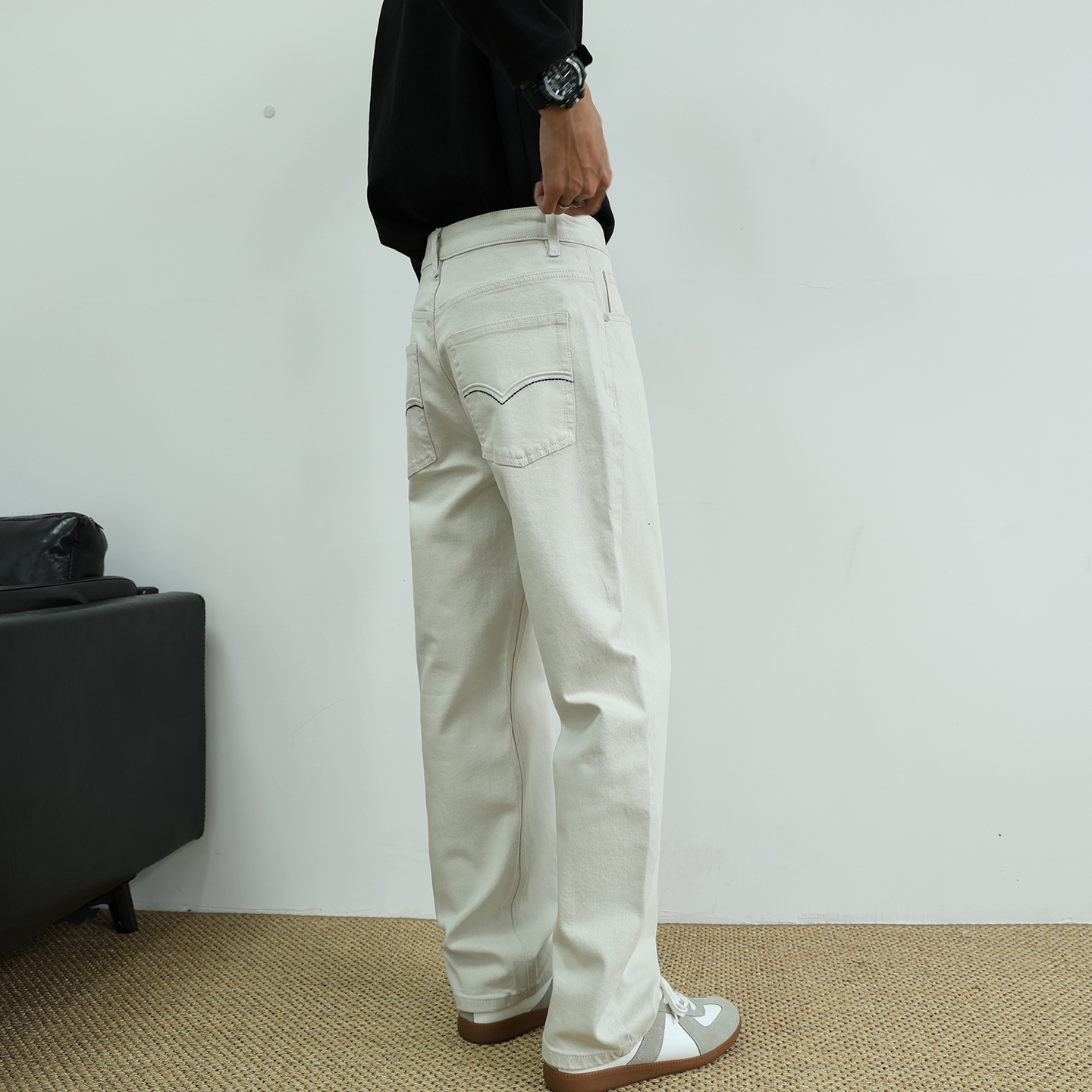 高级感宽松直筒米色牛仔裤男士潮流秋季长裤休闲复古美式裤子弹力