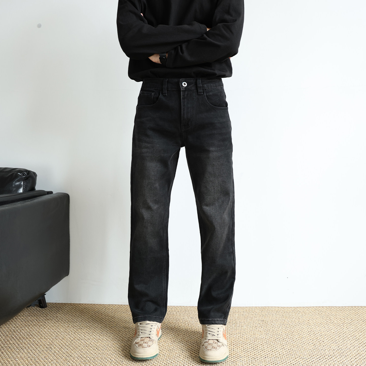 水洗黑灰色修身直筒裤子牛仔裤男士窄版2026新款春季休闲长裤弹力