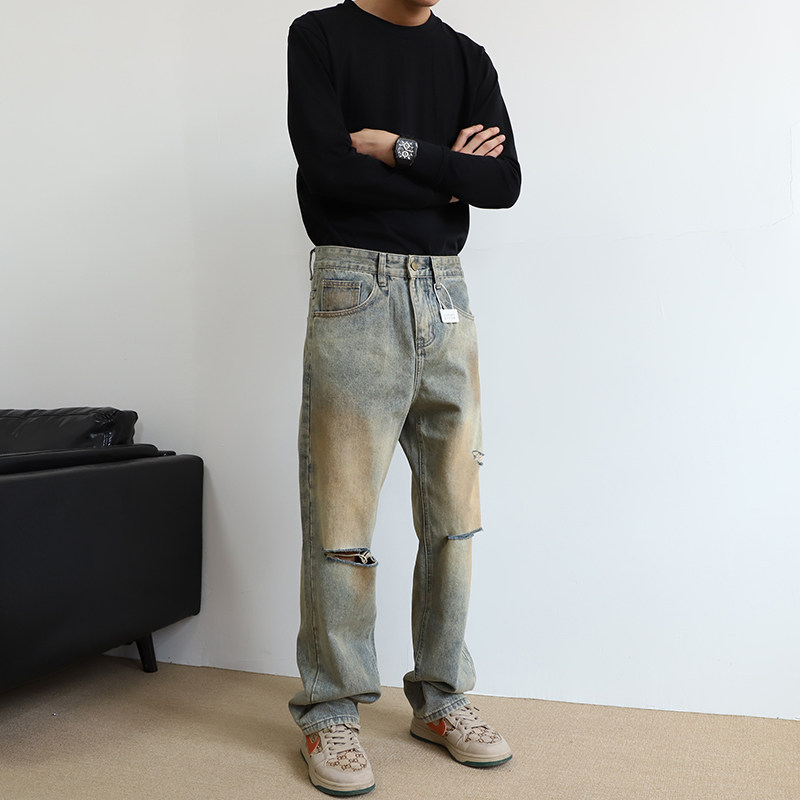 美式脏脏裤破洞牛仔裤男款水洗个性潮牌2026春季新款宽松直筒裤子