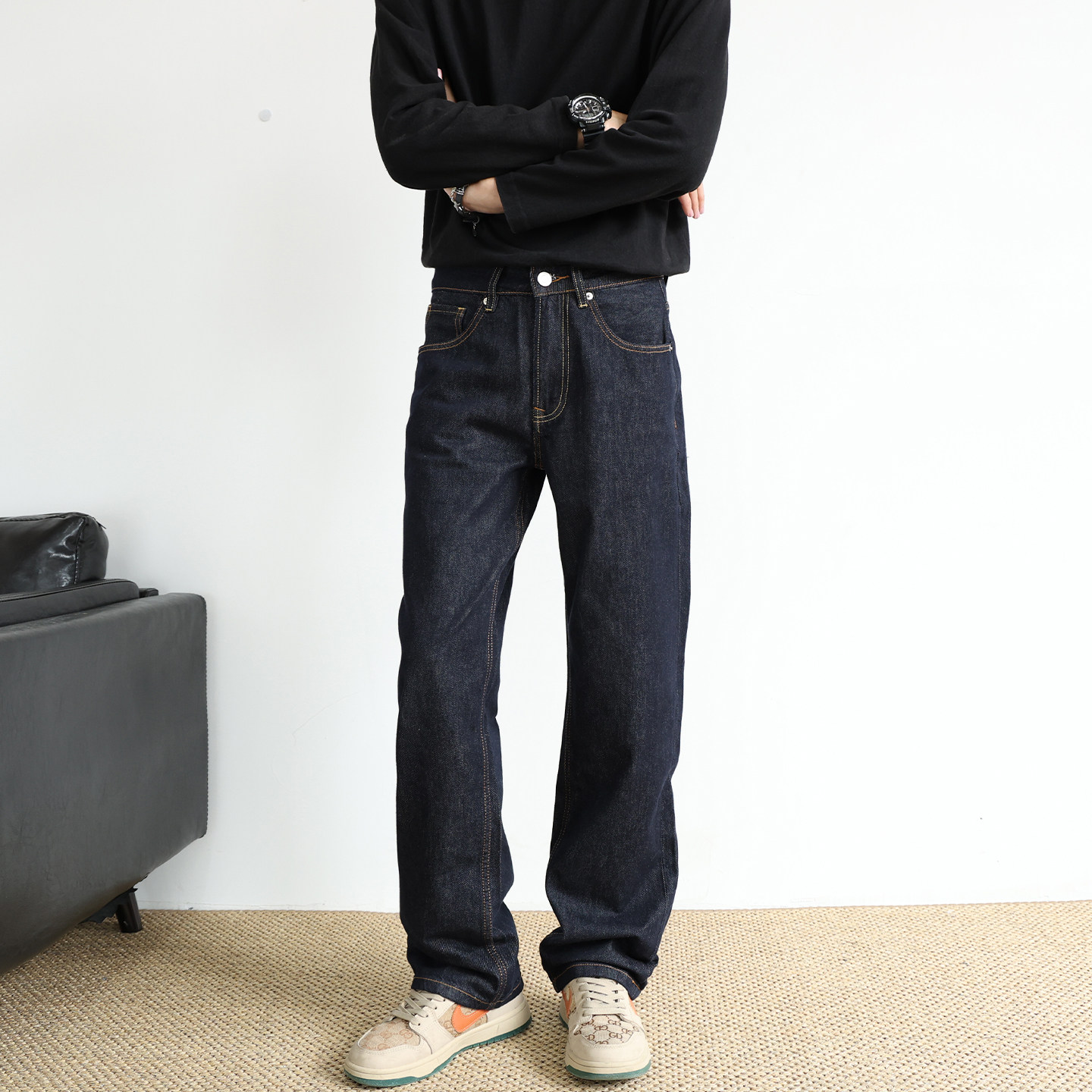 高端原色牛仔裤男宽松直筒美式