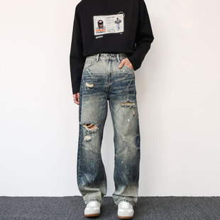 春季新款复古宽松直筒油漆泼墨破洞乞丐牛仔裤男美式街头涂鸦长裤