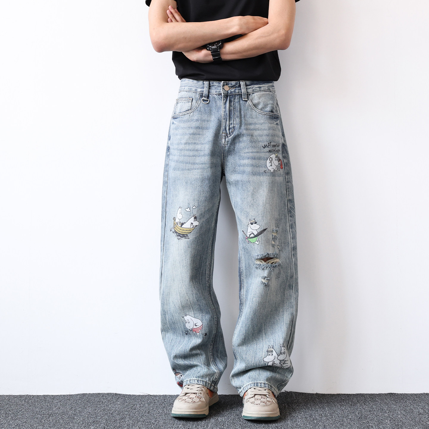 美式街头风破洞卡通印花牛仔裤男士2026夏季新款直筒宽松休闲裤子