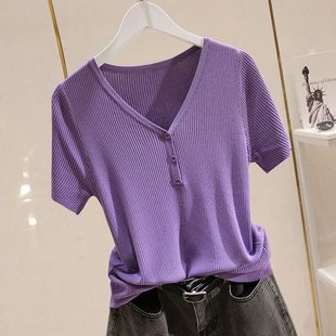 潮百搭薄款 冰丝短袖 新款 t恤女针织衫 V领显瘦打底上衣外穿 2025夏季