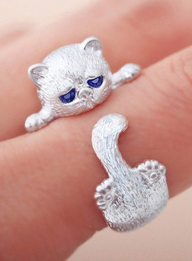 日韩简约可爱小猫戒指女开口kt猫