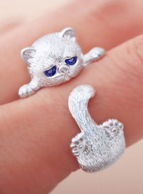 日韩简约可爱小猫戒指女开口kt猫