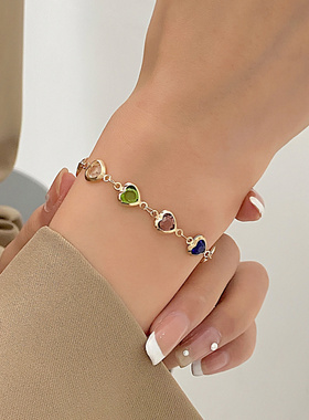 欧美ins风彩色爱心锆石手链个性