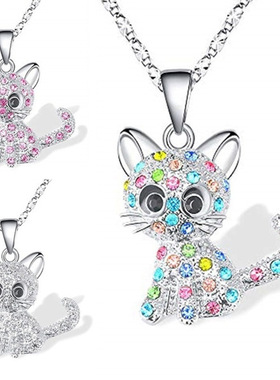 跨境wish可爱彩色猫咪镶钻吊坠简