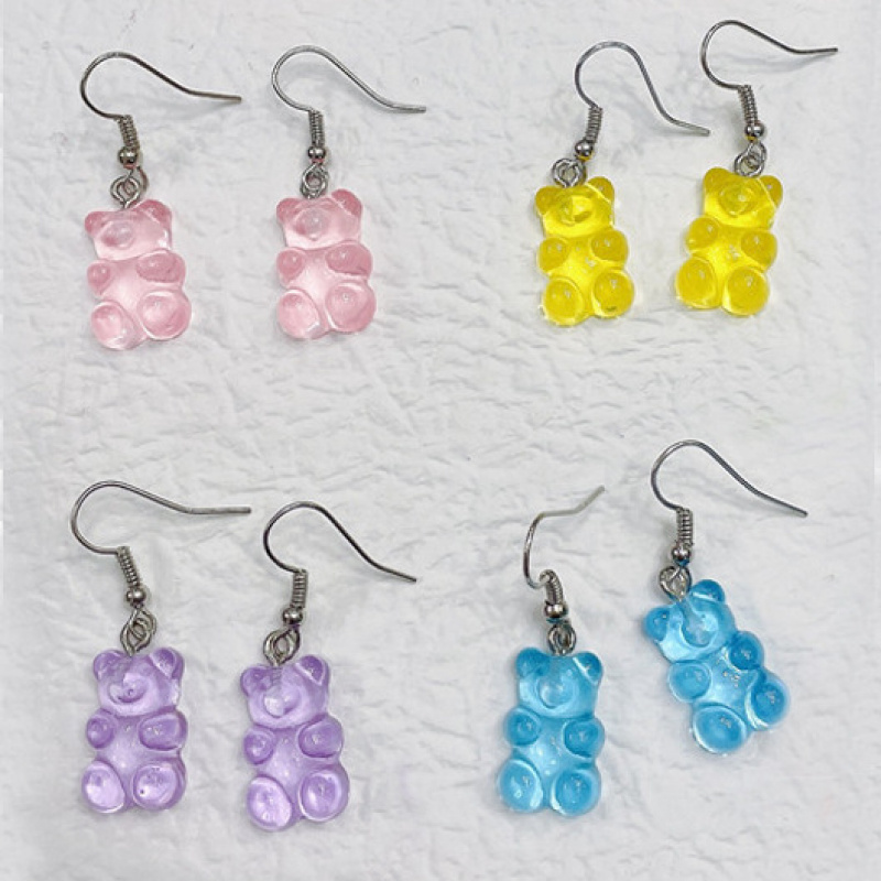跨境热卖耳饰原宿复古彩色卡通小熊耳环软萌少女橡皮糖糖果色耳坠