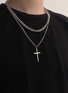 双层十字架项链男潮韩版酷气质时