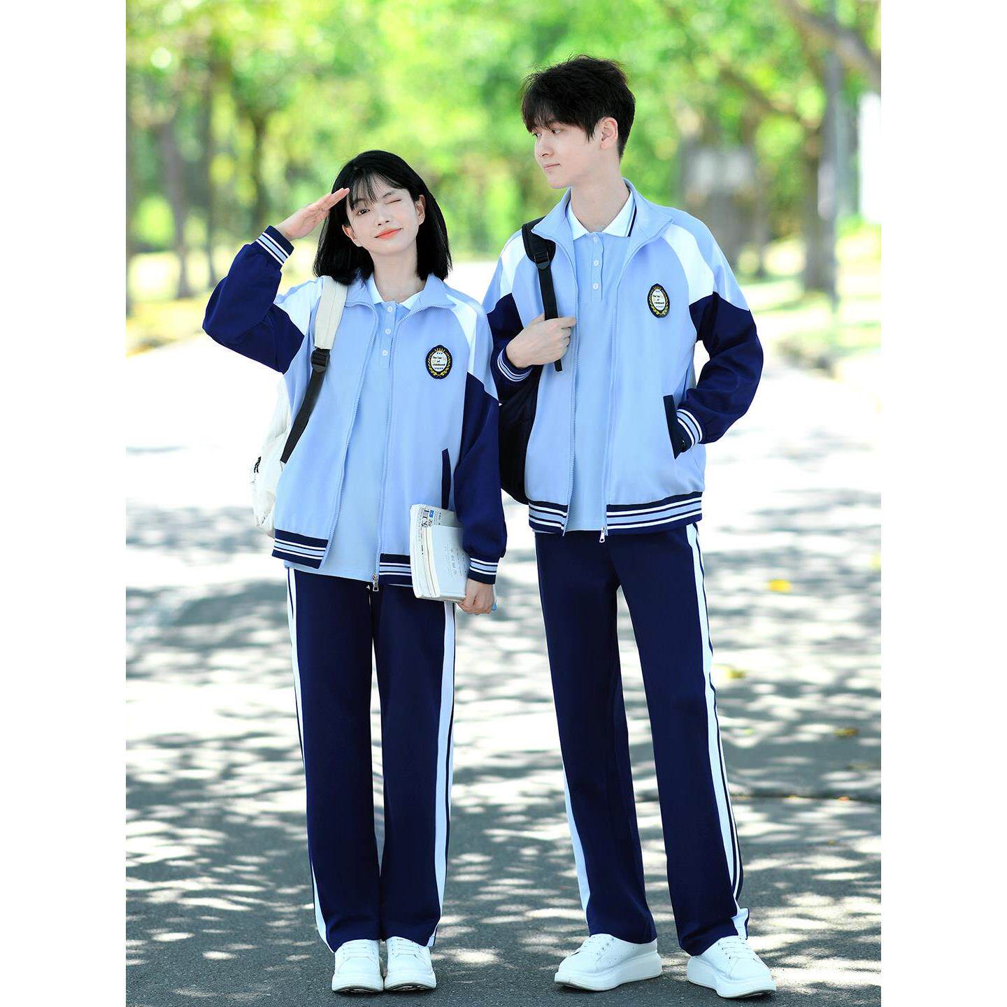 初一高一班服运动会初高中小学生三件套秋季蓝色校服套装定制LOGO