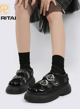 日泰原创设计厚底松糕休闲单鞋女双皮带扣英伦风黑色小皮鞋乐福鞋