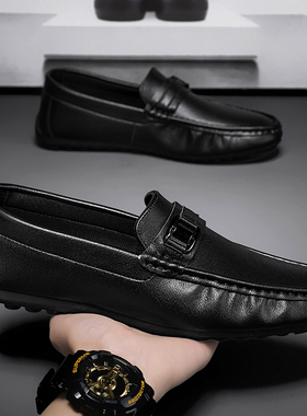 脚王KFT男鞋2025新款豆豆鞋男款真皮商务休闲皮鞋一脚蹬开车软底