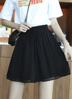 松紧高腰阔腿雪纺四分短裤夏季薄款胖mm大码休闲宽松短款裙裤8196