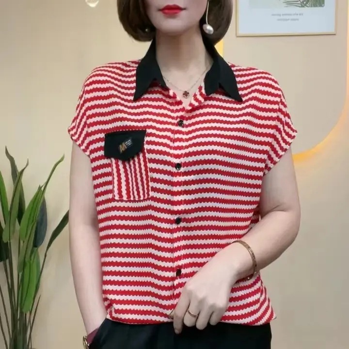 2025夏季新款欧若风时尚条纹POLO衫女洋气百搭上衣女士减龄显瘦H
