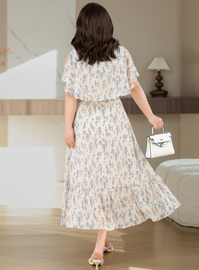 大码女装夏季新款雪纺荷叶边露肩连衣裙女中长款过膝A字裙8613