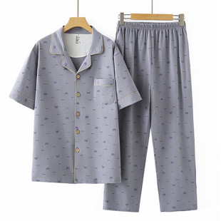 夏季 睡衣男100%纯棉薄款 中老年爸爸男士 短袖 全棉睡衣 家居服套装