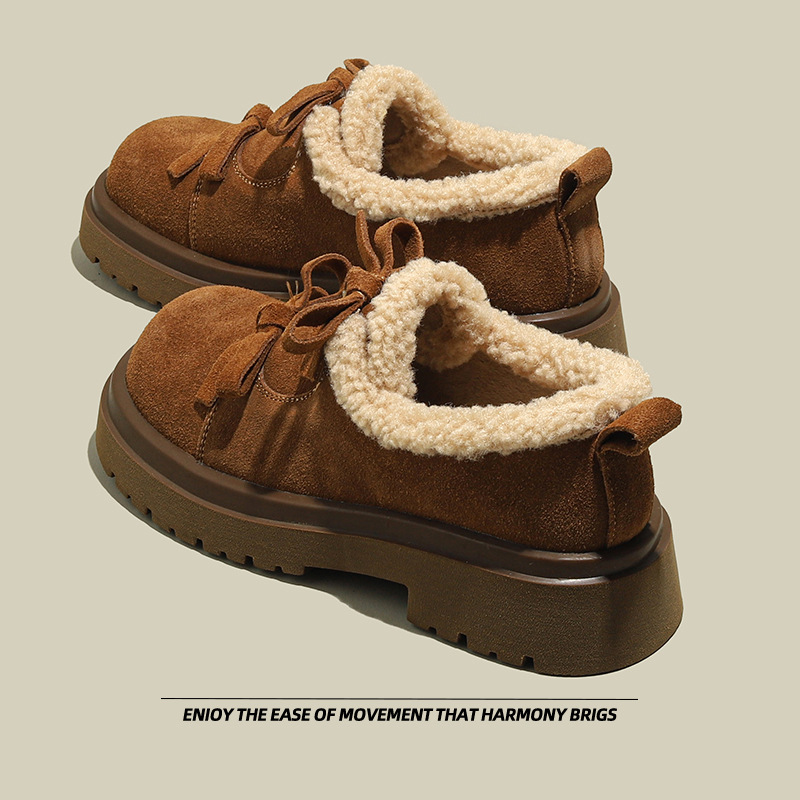 厚底勃肯鞋女2024新款蝴蝶结保暖配裙子棉鞋加绒毛毛鞋百搭小皮鞋