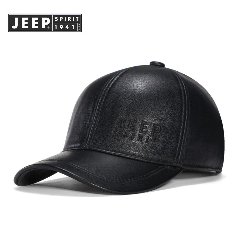JEEP吉普正品棒球帽羊皮真皮男士中老年人冬天鸭舌帽保暖休闲帽子