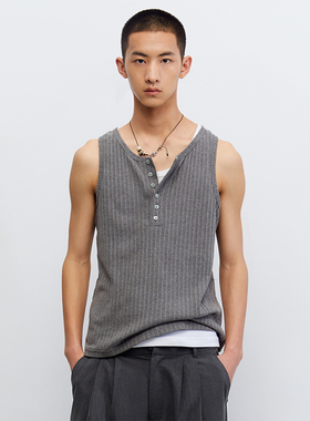 southstudio背心男女同款夏款灰色亨利领口条纹肌理纯棉背心