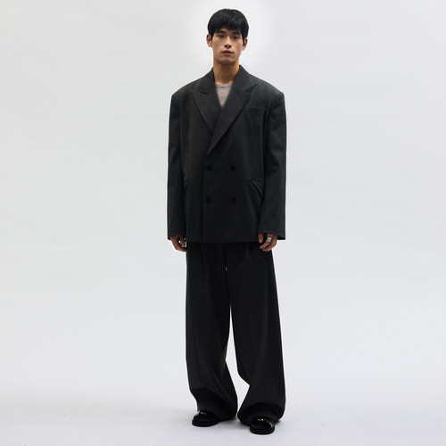 southstudio黑灰色西装外套男大码宽松廓形25秋新款双排扣西服