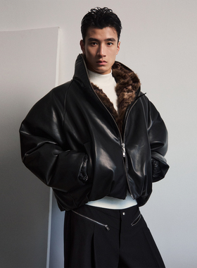 SouthStudio皮夹克加棉无性别短板收腰可拆卸毛领连帽蓬松感外套