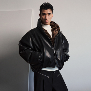 SouthStudio皮夹克加棉无性别短板收腰可拆卸毛领连帽蓬松感外套