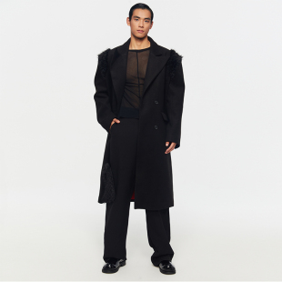 Southstudio大衣男女同款 25冬上新肩部环保皮草拼接暗黑条纹收腰