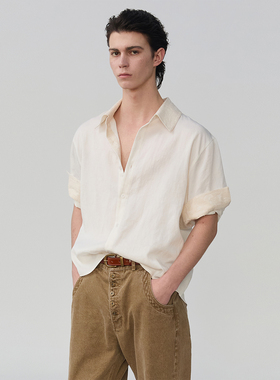 SouthStudio短袖男26夏款领袖口花纹拼接白色亚麻固定翻袖短衬衣