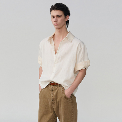 SouthStudio短袖男26夏款领袖口花纹拼接白色亚麻固定翻袖短衬衣