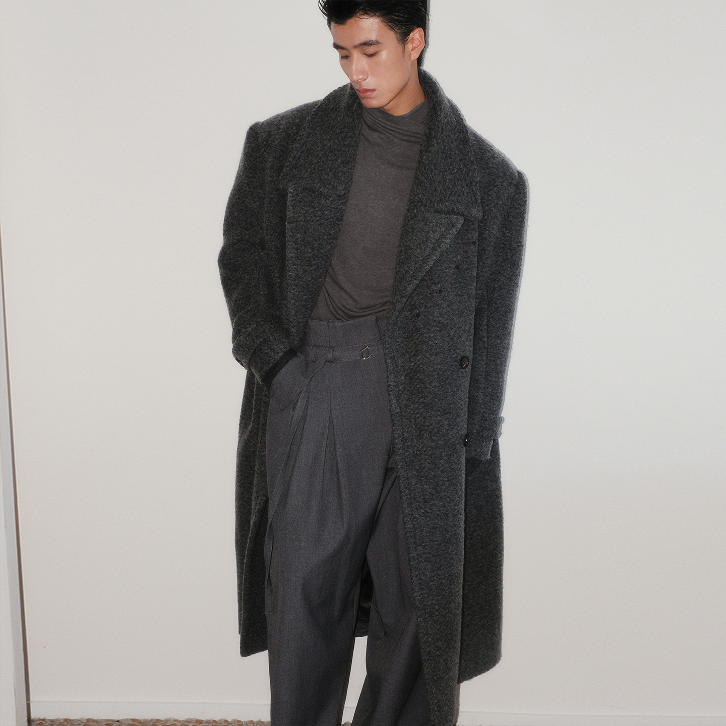 SouthStudio大衣男25冬款羊毛灰色宽肩长款暗条纹翻驳领宽松外套