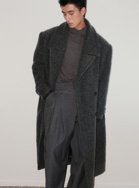 SouthStudio大衣男25冬款羊毛灰色宽肩长款暗条纹翻驳领宽松外套