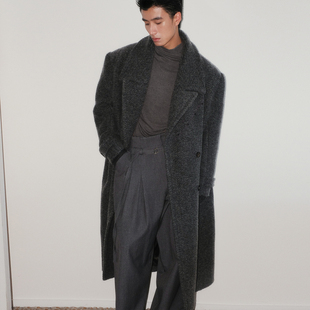 SouthStudio大衣男25冬款羊毛灰色宽肩长款暗条纹翻驳领宽松外套