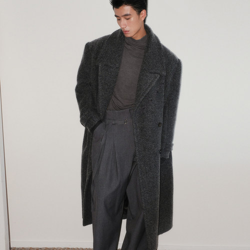 SouthStudio大衣男25冬款羊毛灰色宽肩长款暗条纹翻驳领宽松外套