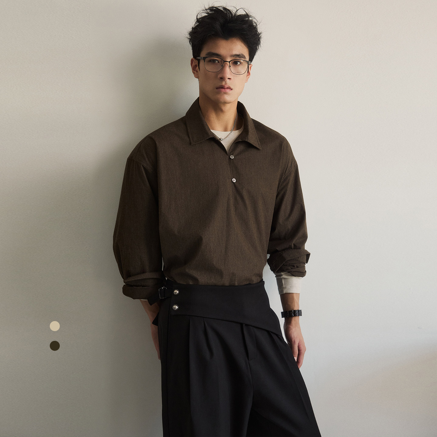 SouthStudio衬衫半开襟套头翻领磨毛棉质感双色26夏款长袖衬衣